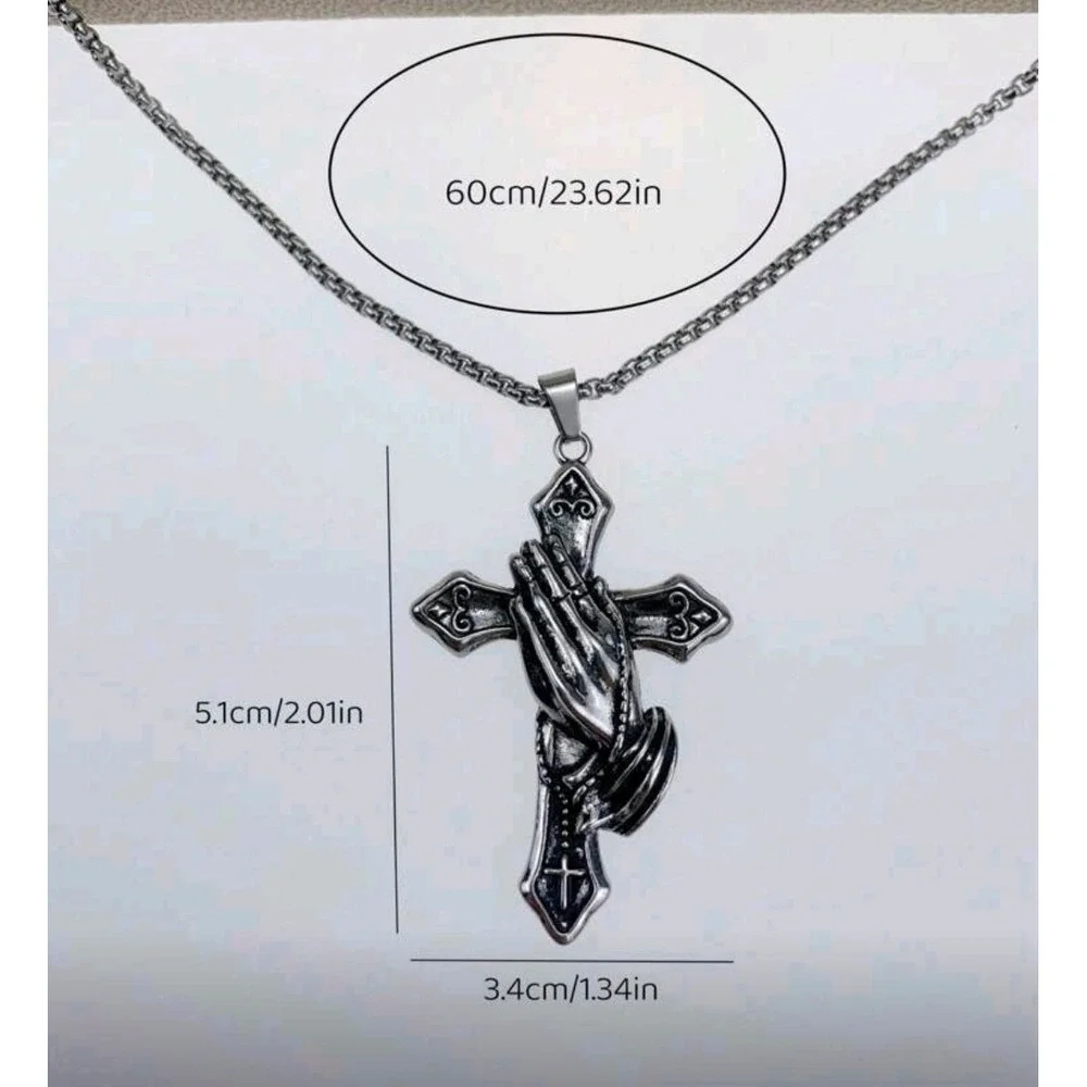 Mens Stainless Steel Praying Hands Cross Pendant‎ Necklace Religious Jewelry